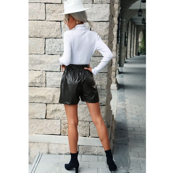 Belted Pleated Detail PU Leather Shorts - Picture 3 of 3